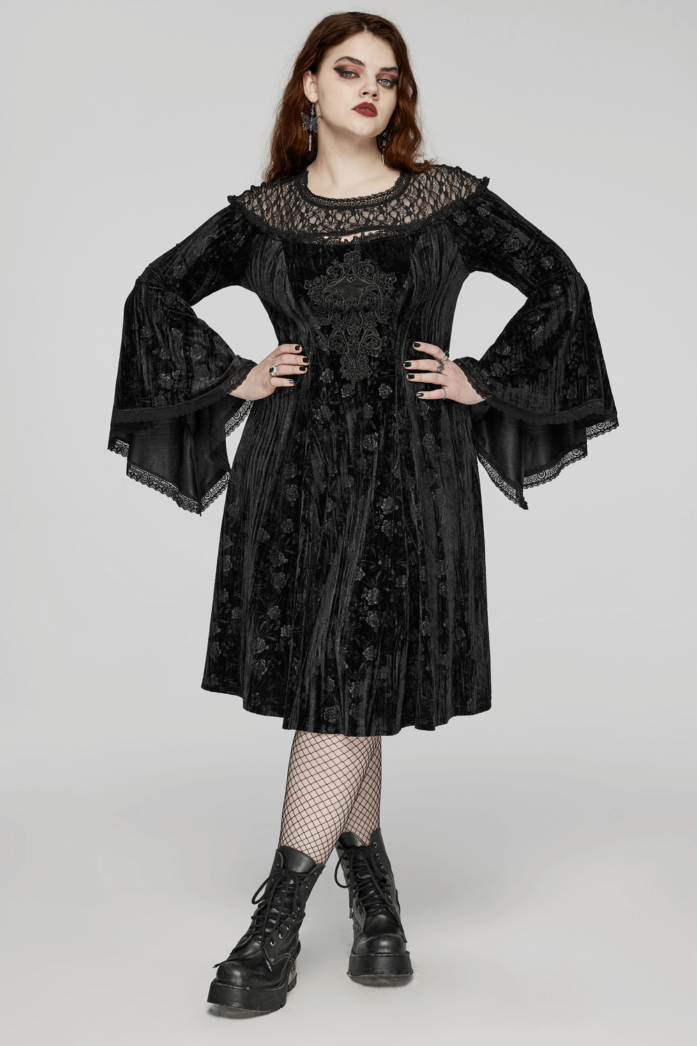 Black Lace Velvet Roses Dress - Gothic Elegance