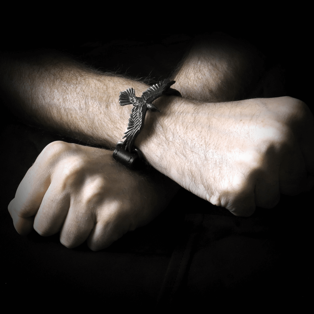 Black Leather Wristband with Pewter Raven Charm