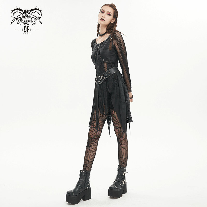 Black Net Splicing Irregular Short Dress / Gothic Women's Zipper Pull Front Dress