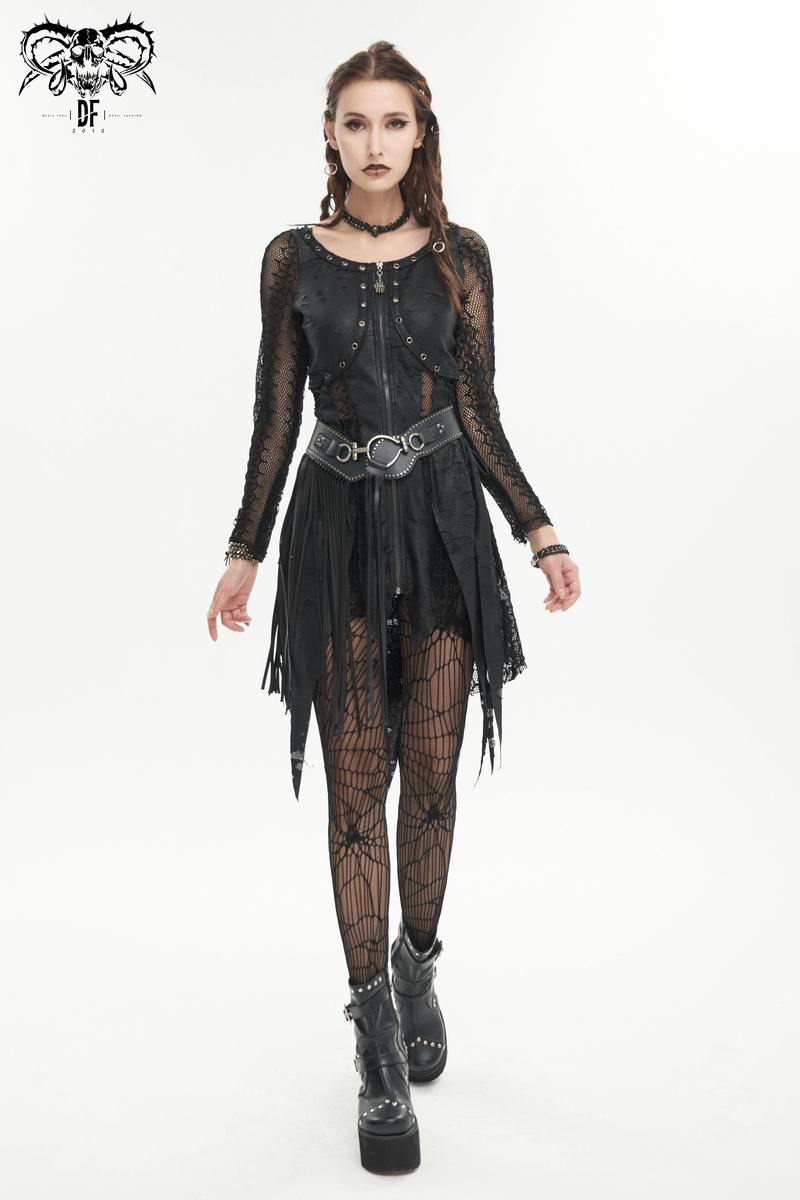 Black Net Splicing Irregular Short Dress / Gothic Women's Zipper Pull Front Dress