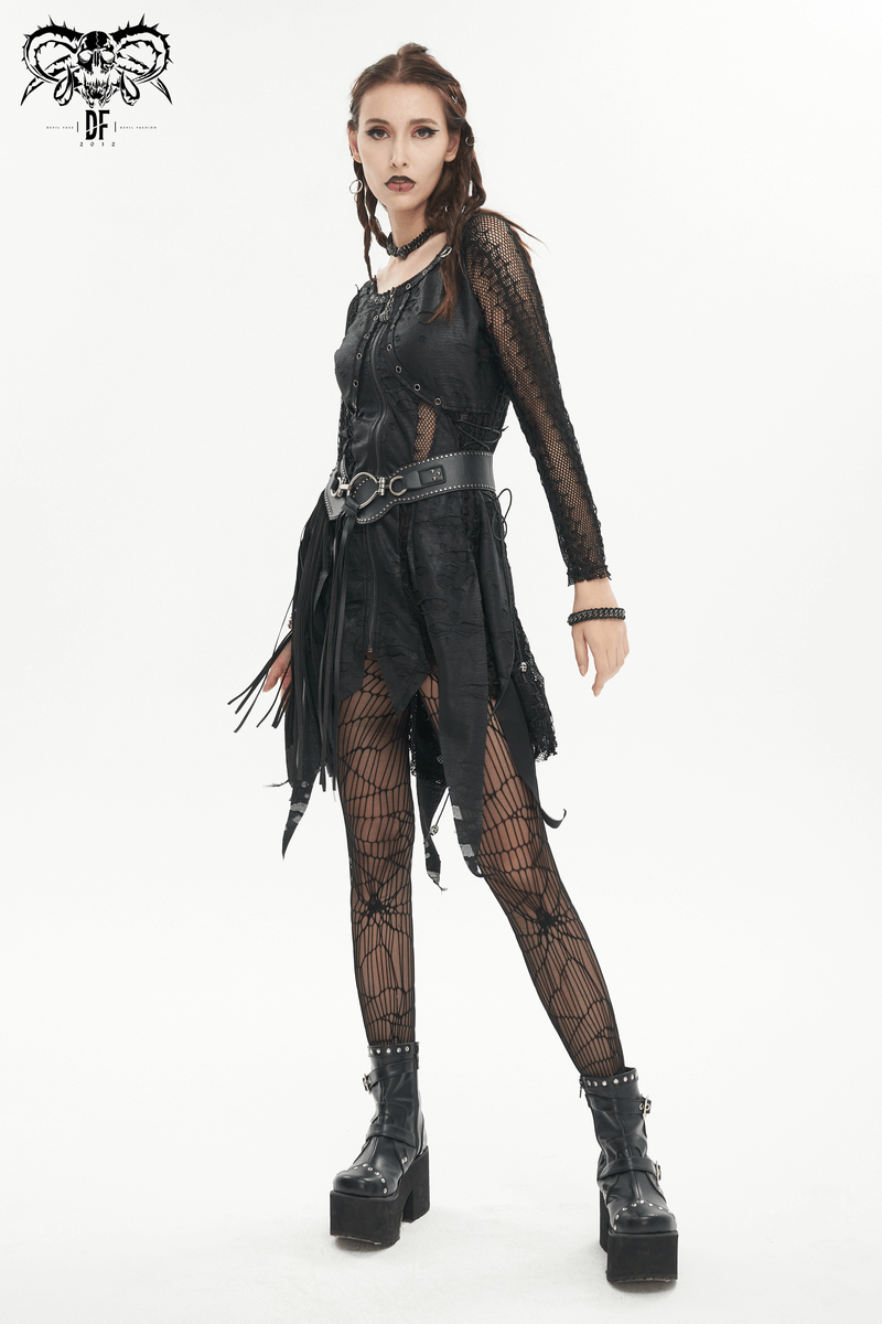 Black Net Splicing Irregular Short Dress / Gothic Women's Zipper Pull Front Dress