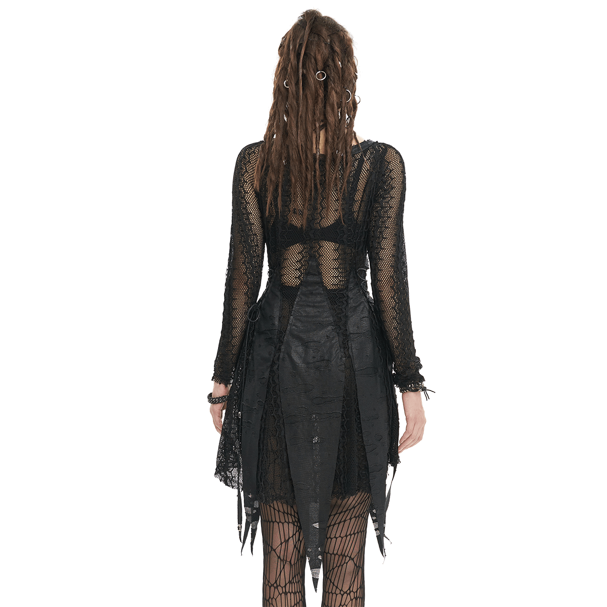Black Net Splicing Irregular Short Dress / Gothic Women's Zipper Pull Front Dress