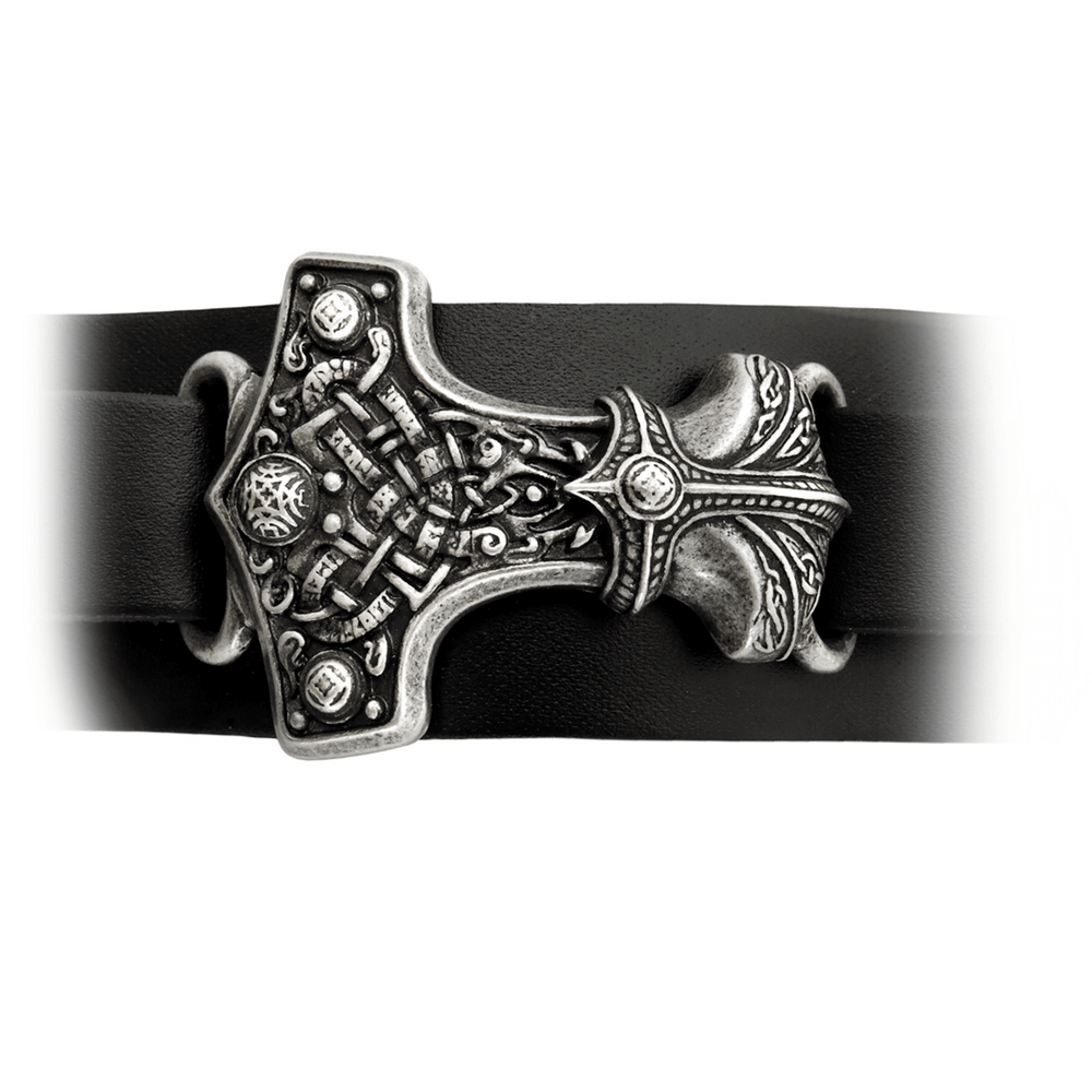 Black Norse Thor Hammer Wide Leather Bracelet