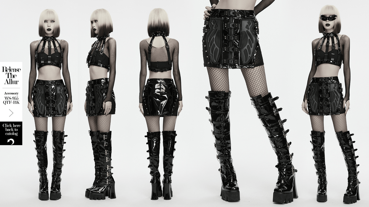 Black Patent Leather Techwear Mini Skirt with Buckles