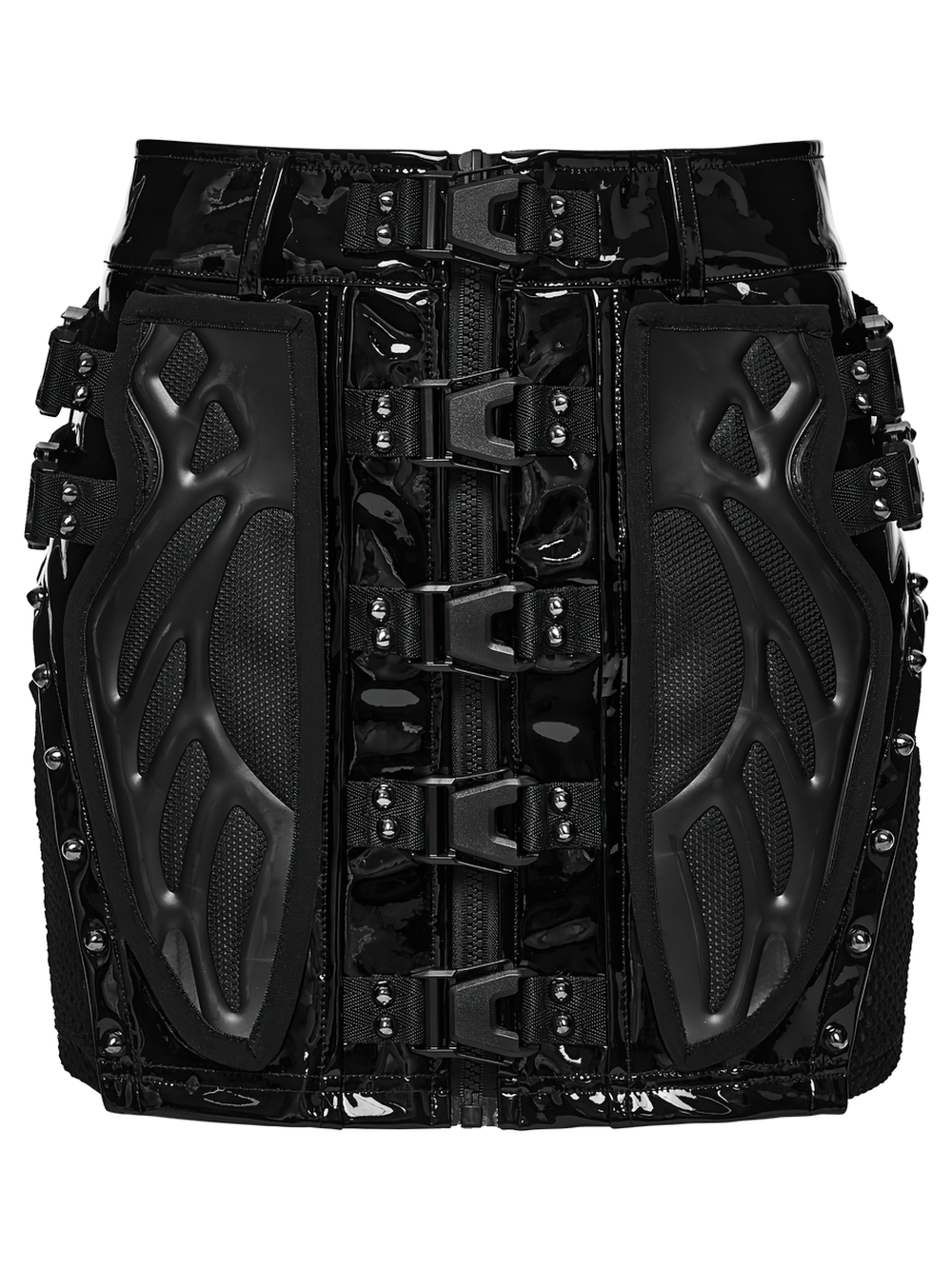 Black Patent Leather Techwear Mini Skirt with Buckles