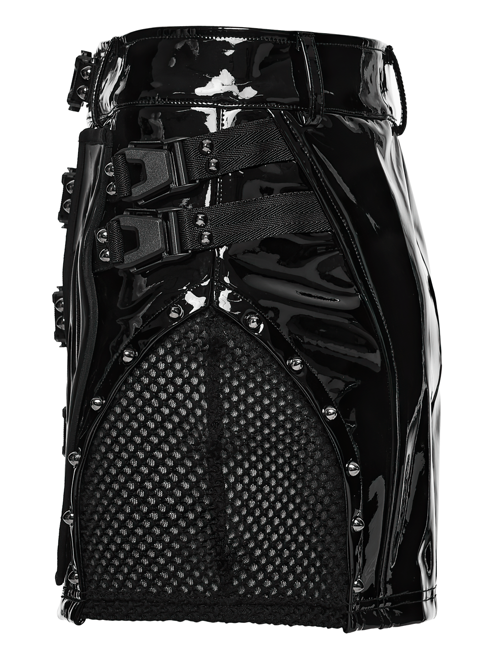 Black Patent Leather Techwear Mini Skirt with Buckles