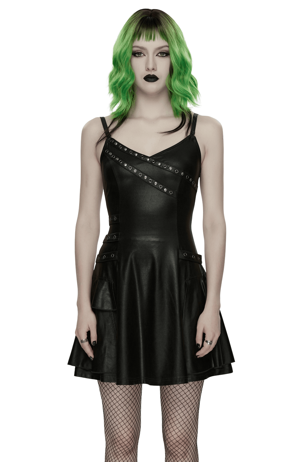 Black Punk A-Line Slip Dress with Rivets and Lace-Up Back