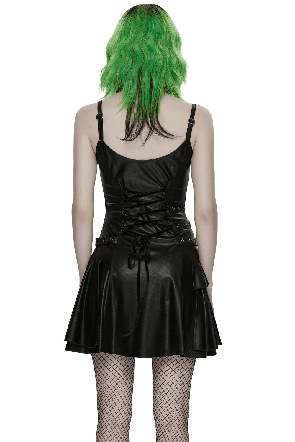 US SALE of k Punk A-Line Slip Dress with Rivets and Lace-Up Back