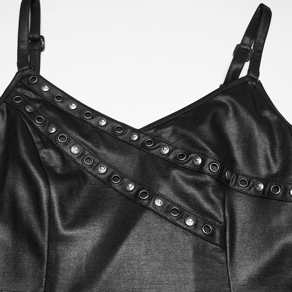 Black Punk A-Line Slip Dress with Rivets and Lace-Up Back