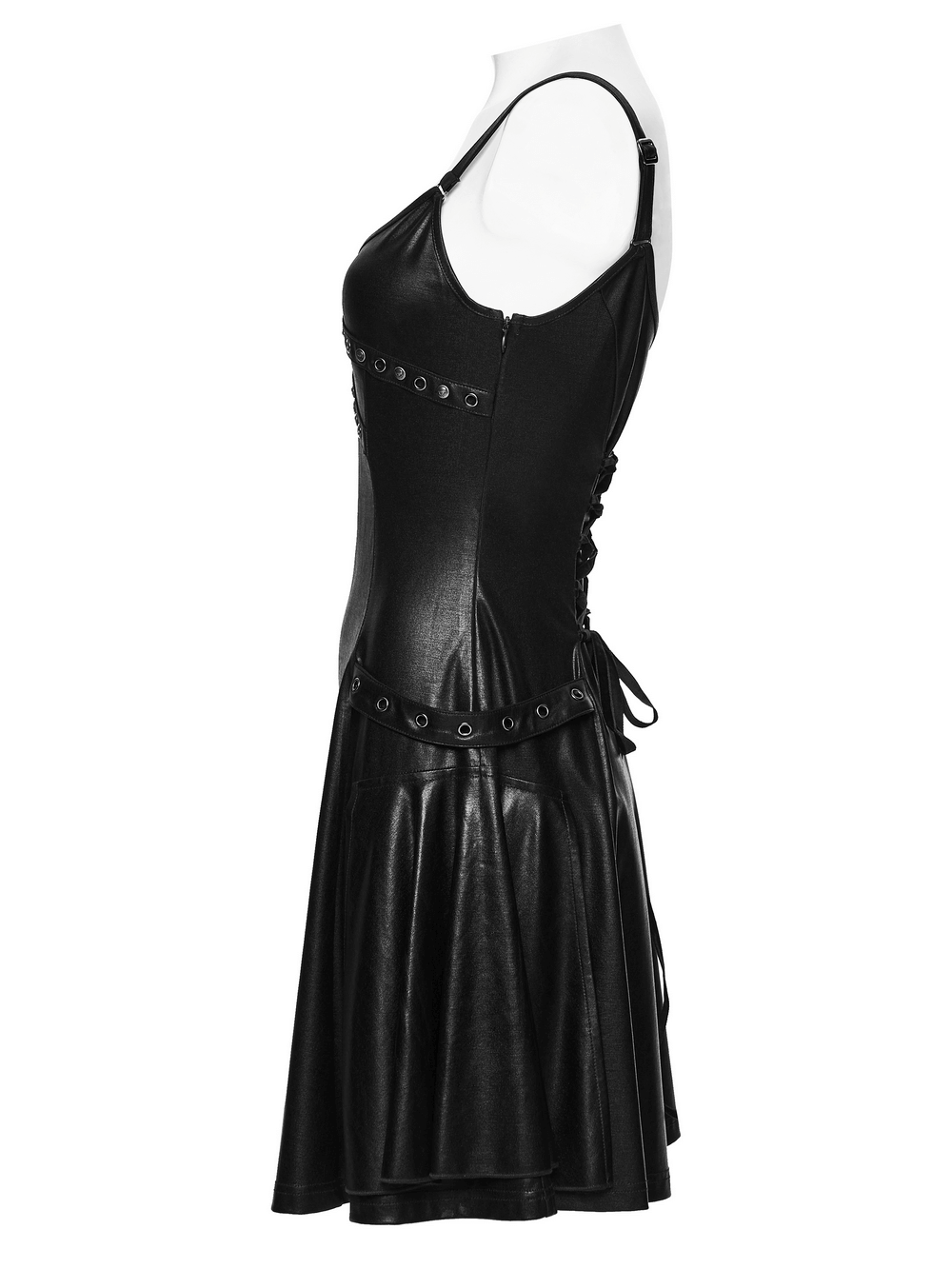 Black Punk A-Line Slip Dress with Rivets and Lace-Up Back