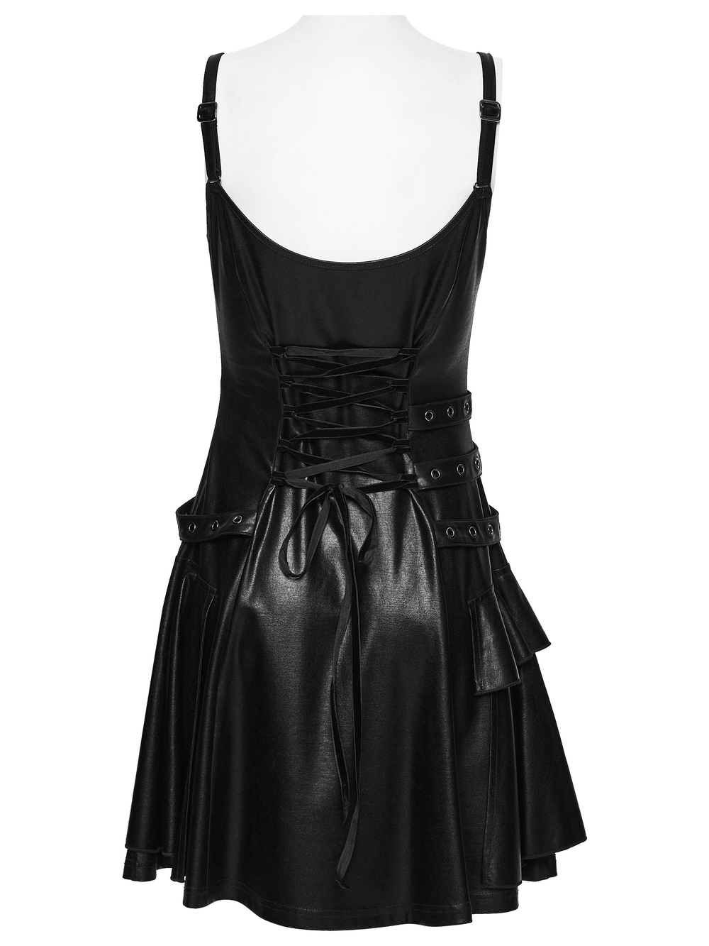 Black Punk A-Line Slip Dress with Rivets and Lace-Up Back