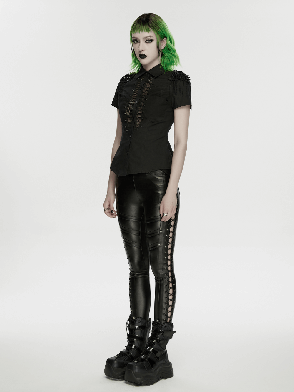 Black Punk Faux Leather Leggings with Side Drawstrings