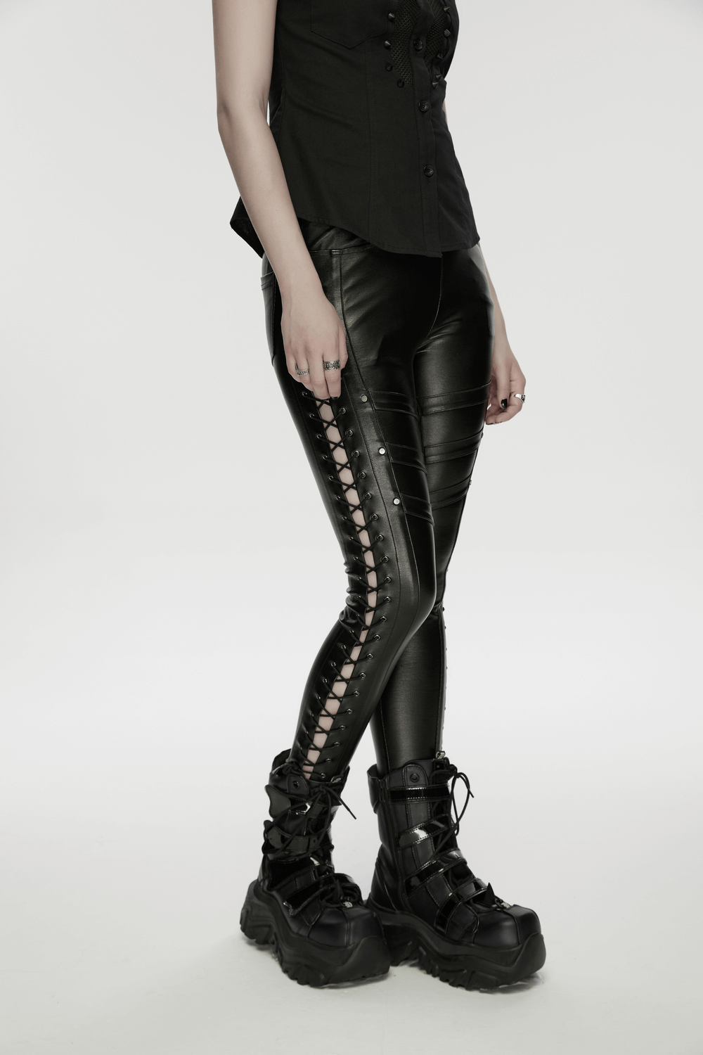 Black Punk Faux Leather Leggings with Side Drawstrings