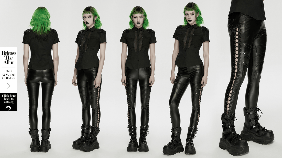 Black Punk Faux Leather Leggings with Side Drawstrings