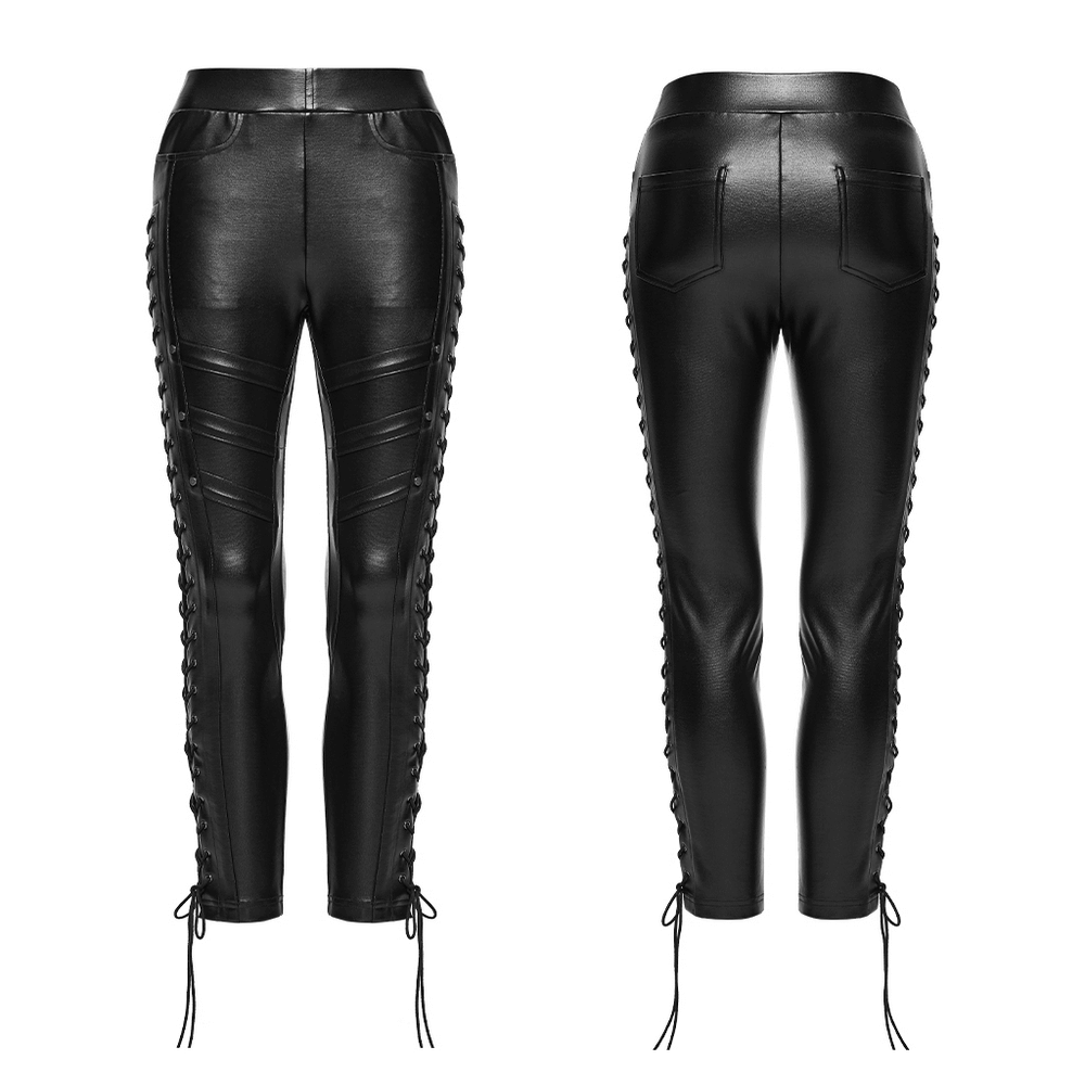 Black Punk Faux Leather Leggings with Side Drawstrings