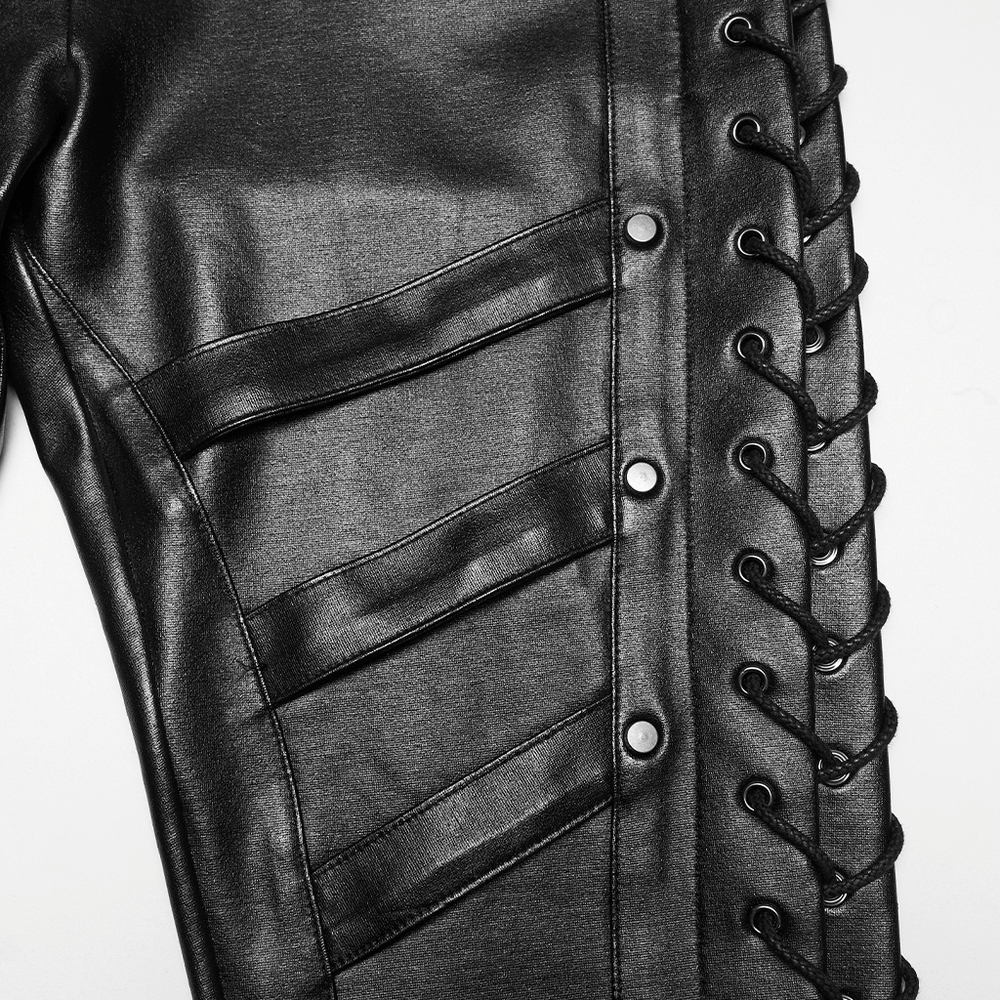 Black Punk Faux Leather Leggings with Side Drawstrings
