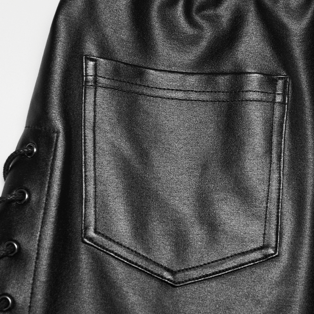 Black Punk Faux Leather Leggings with Side Drawstrings