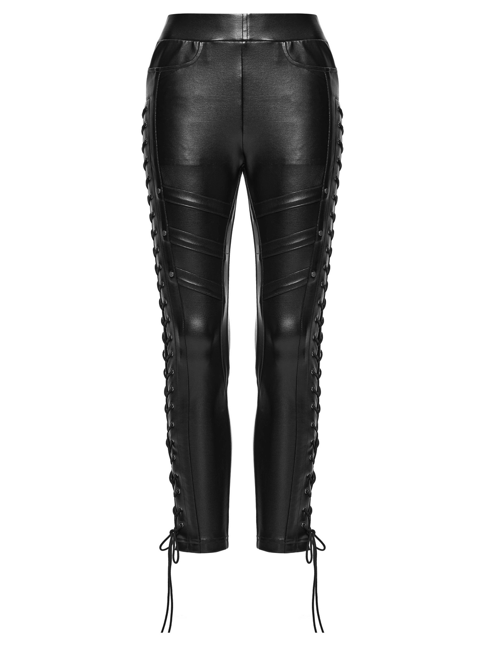 Black Punk Faux Leather Leggings with Side Drawstrings