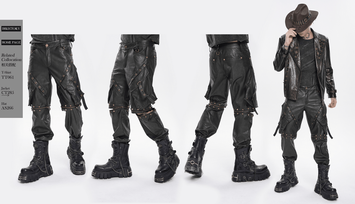 Black Punk Faux Leather Zip-Off Cargo Pants with Studs
