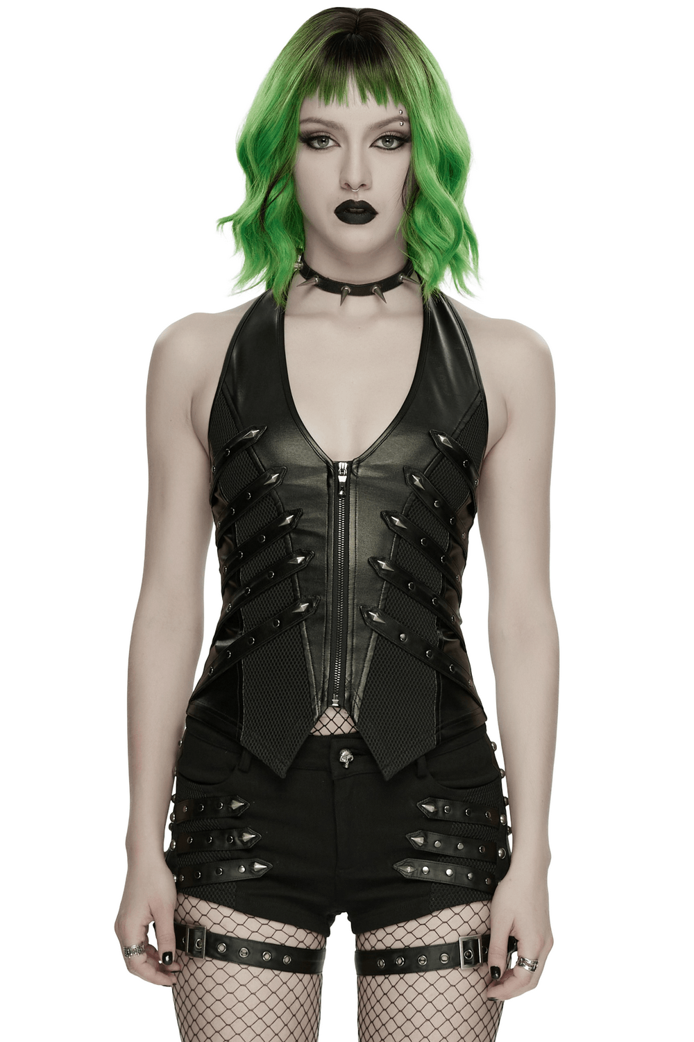 Black Punk Halter Vest with Studded Strap Panels