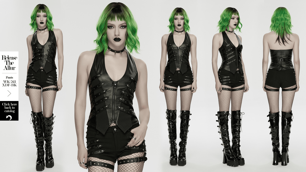 Black Punk Halter Vest with Studded Strap Panels