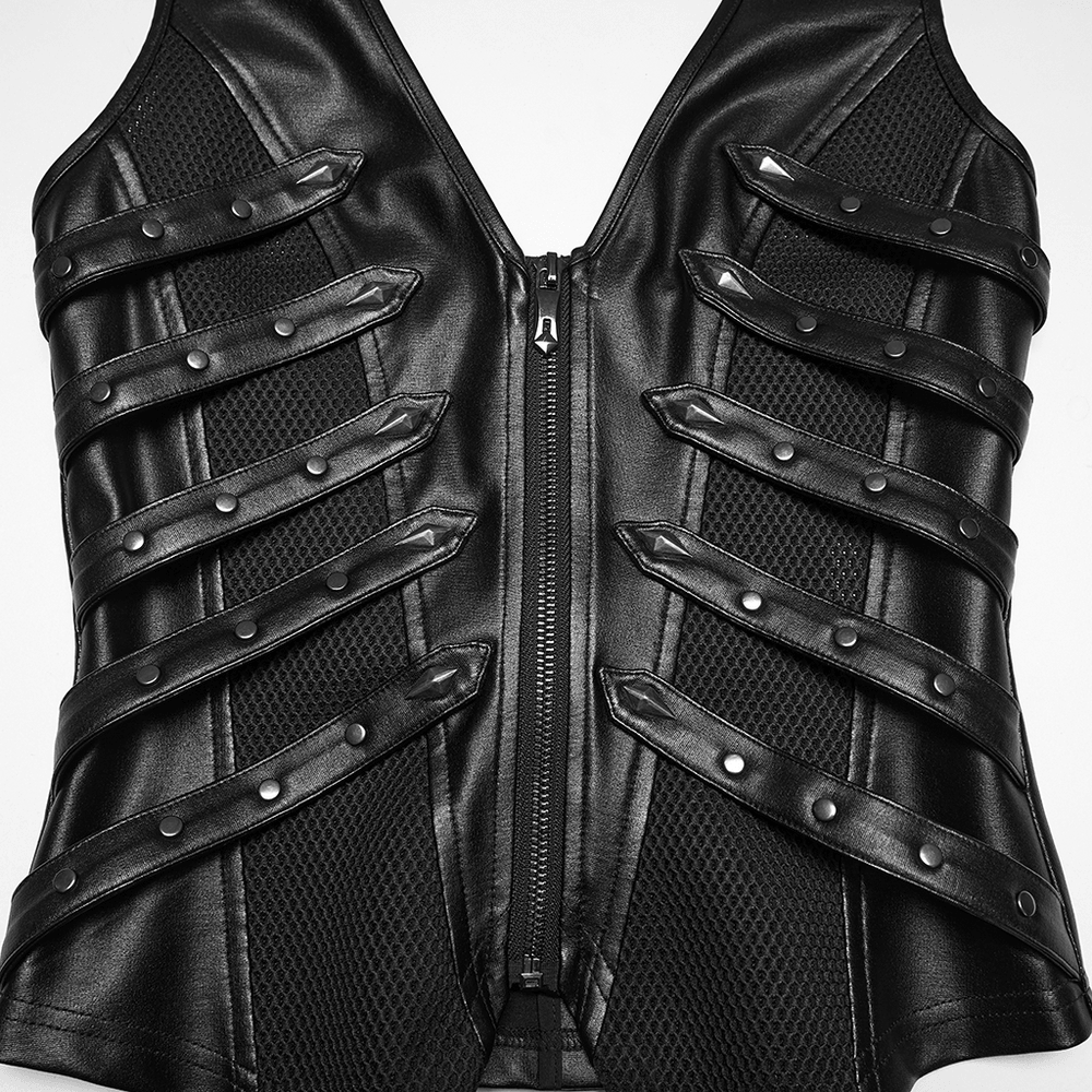 Black Punk Halter Vest with Studded Strap Panels
