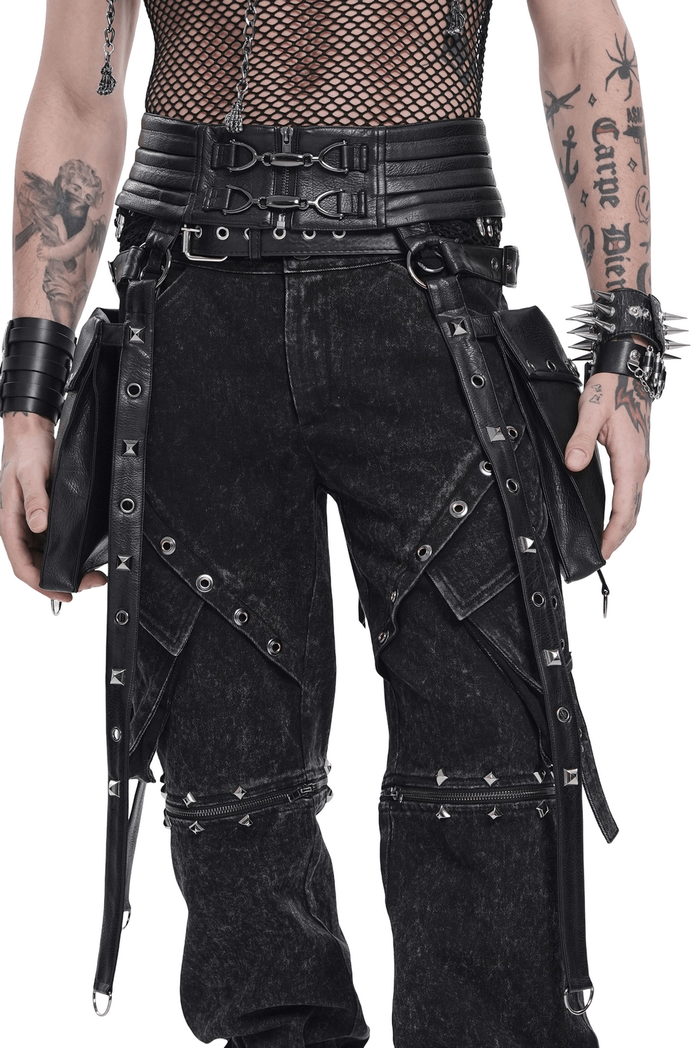 Black Punk Harness Belt with Garter Straps and Pouches