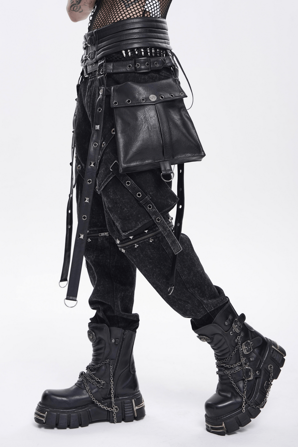 Black Punk Harness Belt with Garter Straps and Pouches