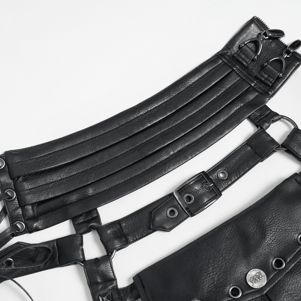 Black Punk Harness Belt with Garter Straps and Pouches