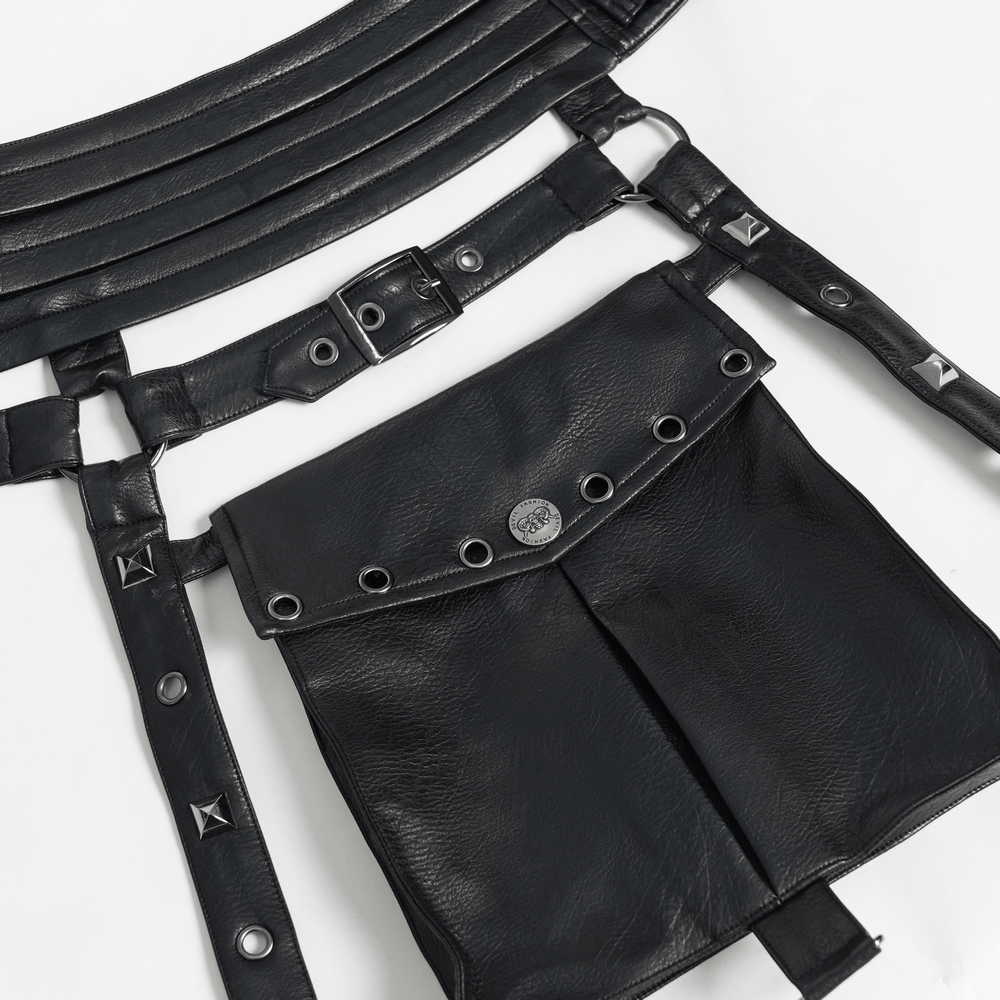 Black Punk Harness Belt with Garter Straps and Pouches