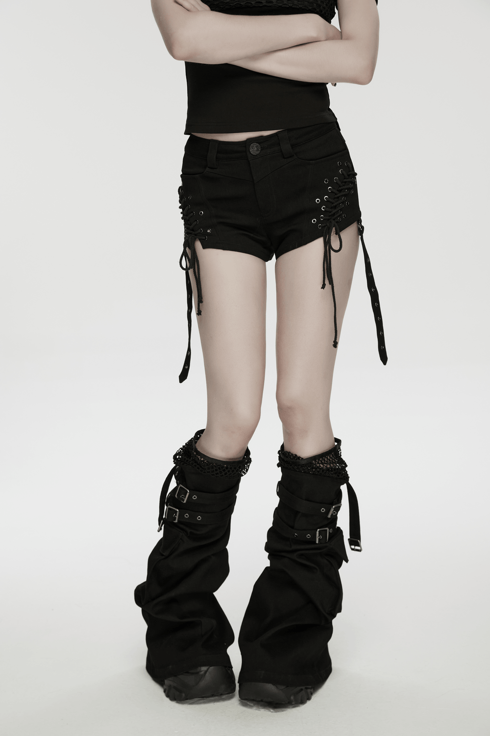 Black Punk Lace Up Shorts and Detachable Flared Pants