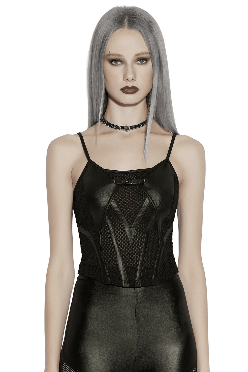 Black Punk Mesh Camisole Top With Faux Leather