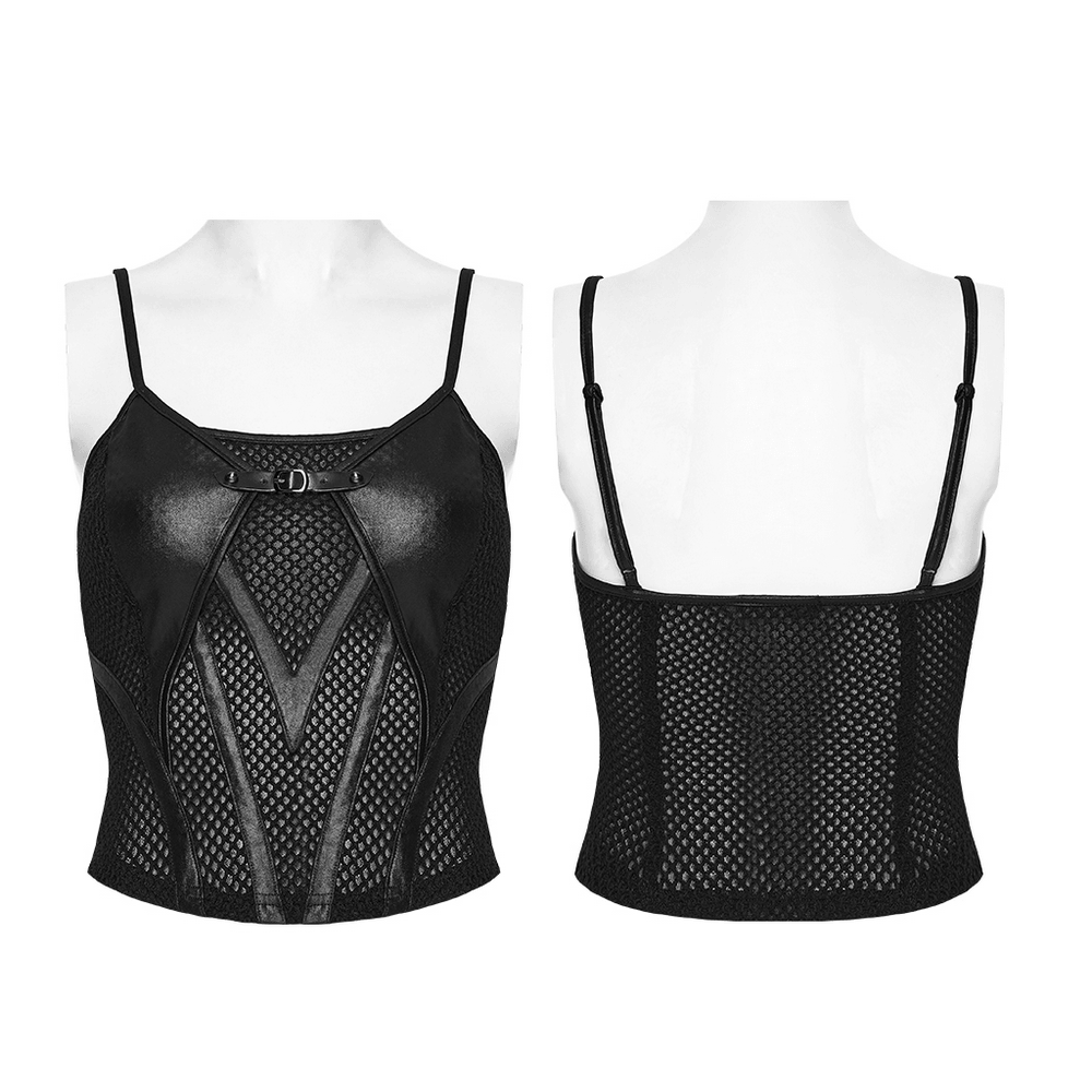 Black Punk Mesh Camisole Top With Faux Leather