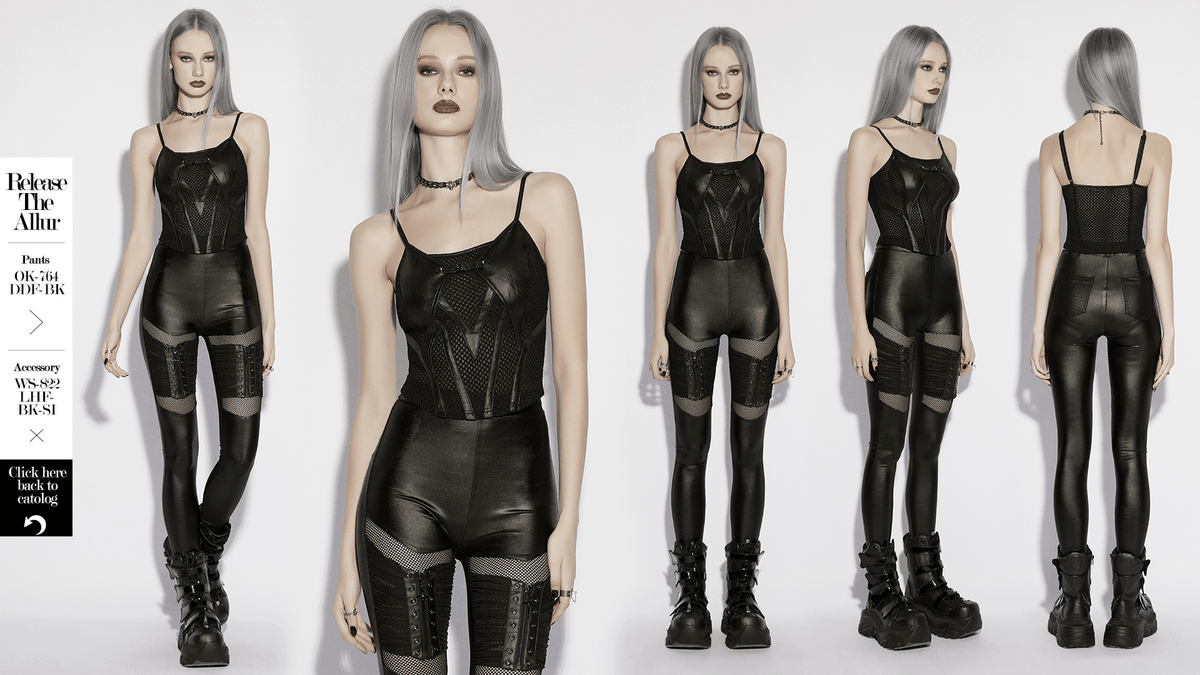 Black Punk Mesh Camisole Top With Faux Leather
