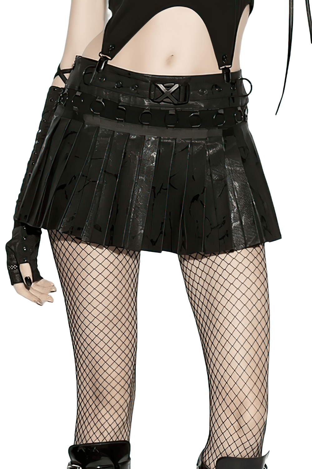 Black Punk Pleated Mini Skirt with Ring Details