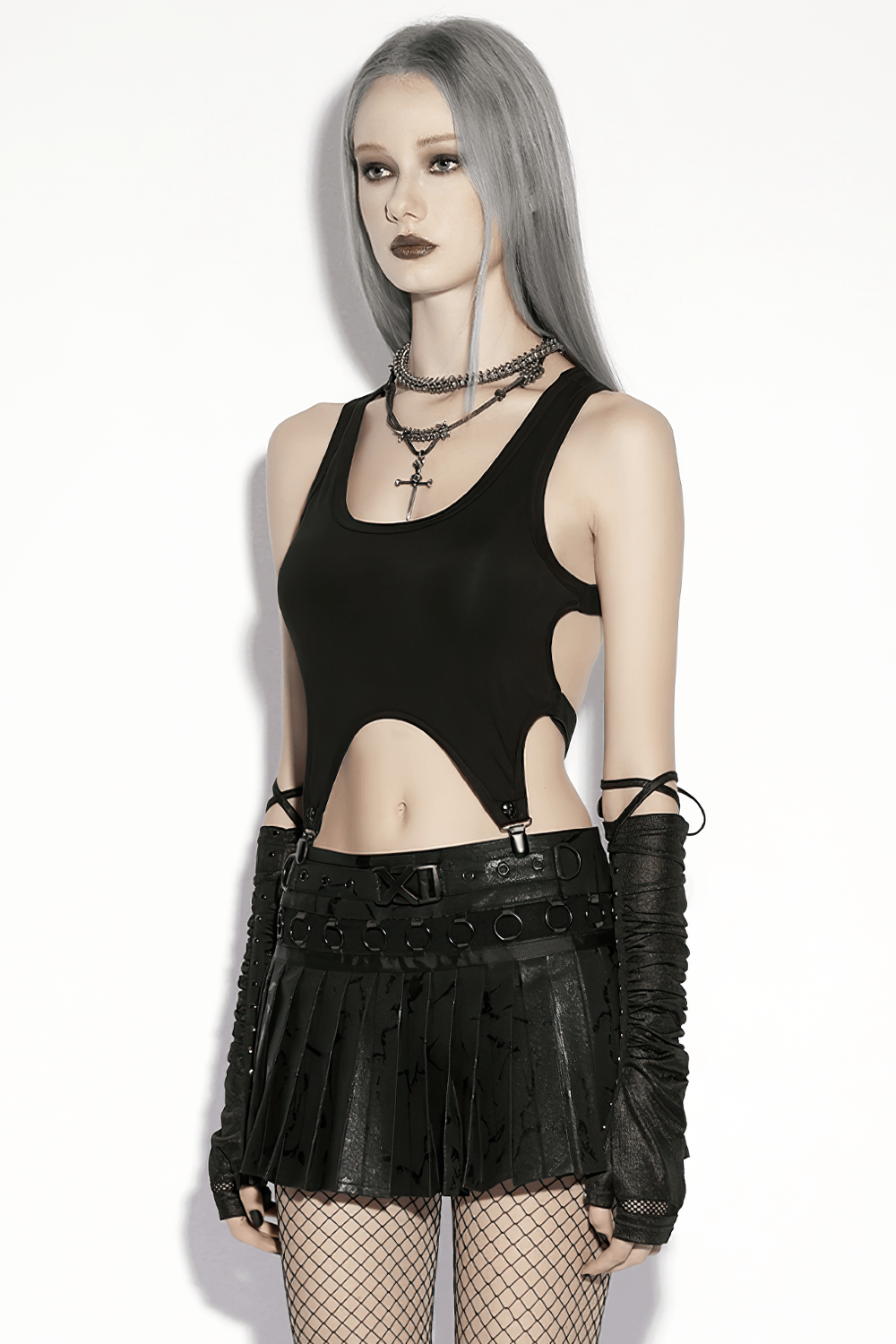 Black Punk Pleated Mini Skirt with Ring Details
