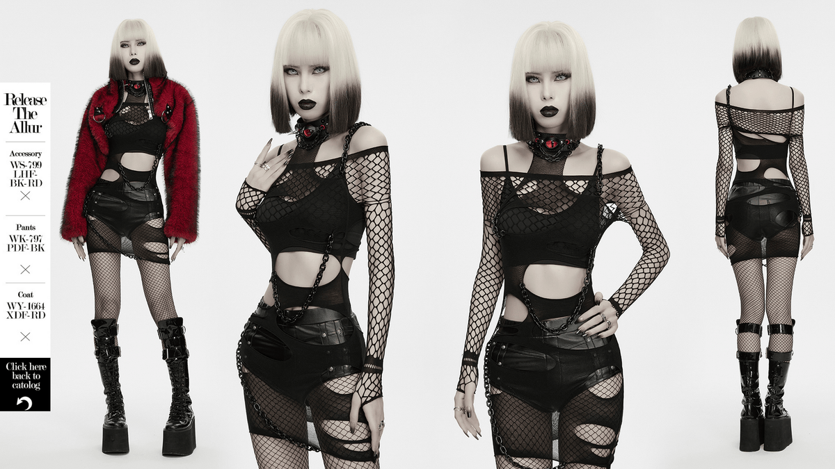 Black Punk Ripped Crop Top with Detachable Chains