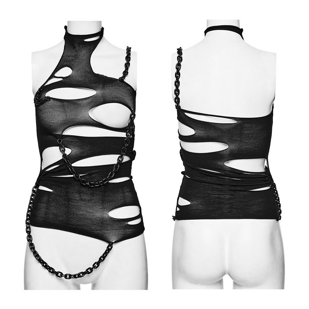 Black Punk Ripped Crop Top with Detachable Chains
