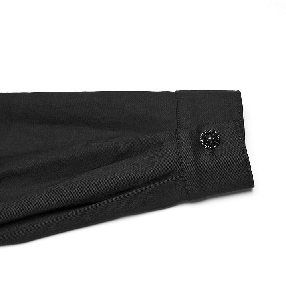 Black Punk Twill Shirt with Leather Panels and Stud Details