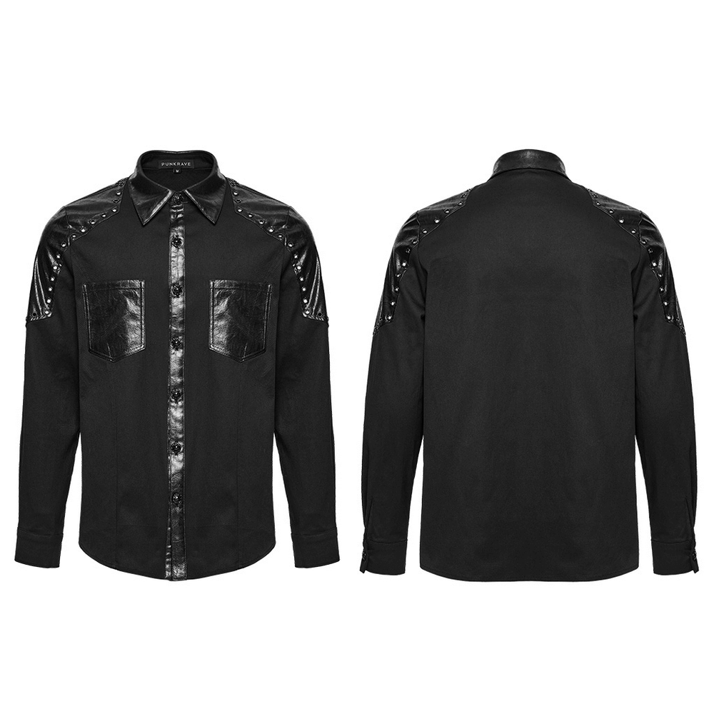 Black Punk Twill Shirt with Leather Panels and Stud Details