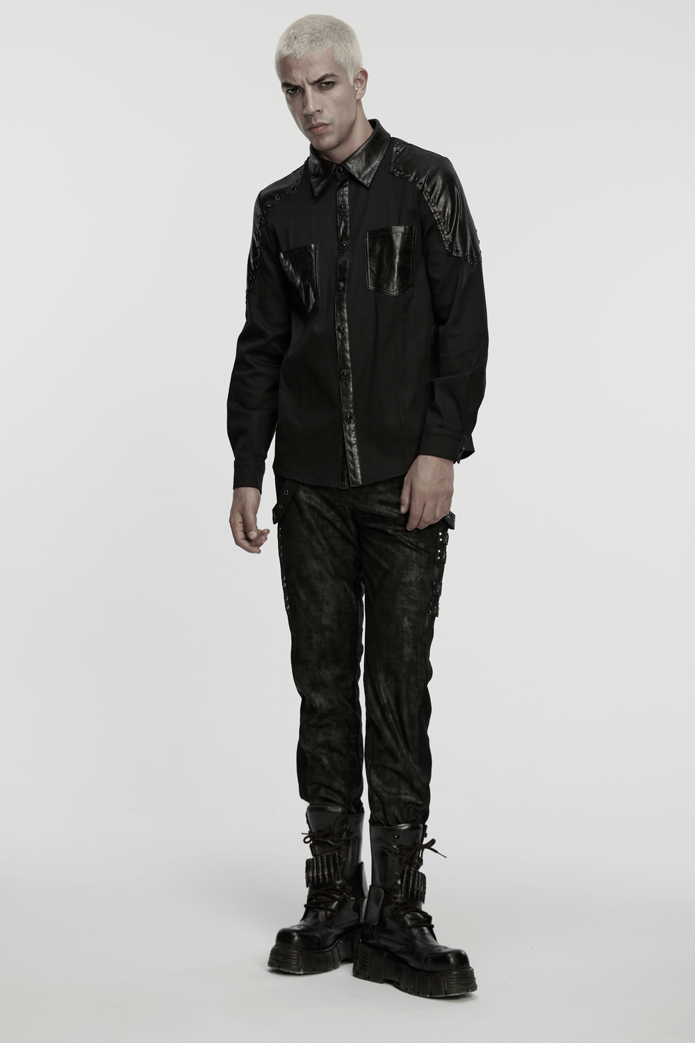 Black Punk Twill Shirt with Leather Panels and Stud Details
