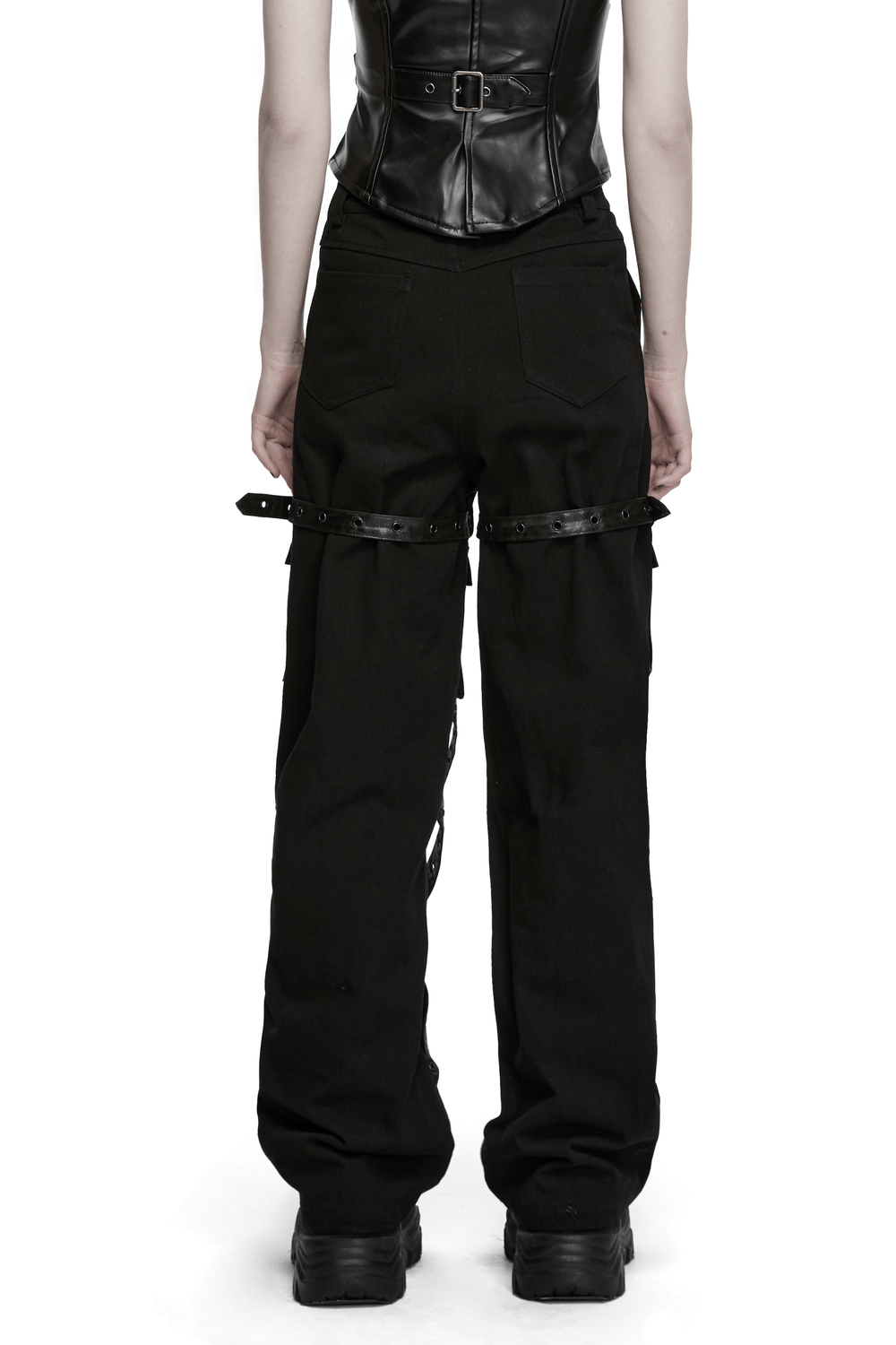 Black Punk Wide-Leg Cargo Pants with Harness Straps