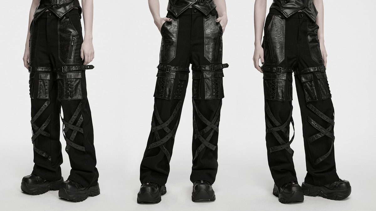 Black Punk Wide-Leg Cargo Pants with Harness Straps