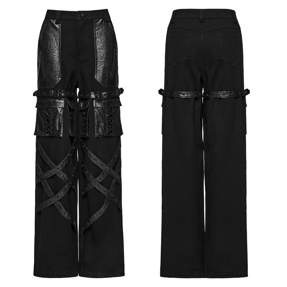 Black Punk Wide-Leg Cargo Pants with Harness Straps