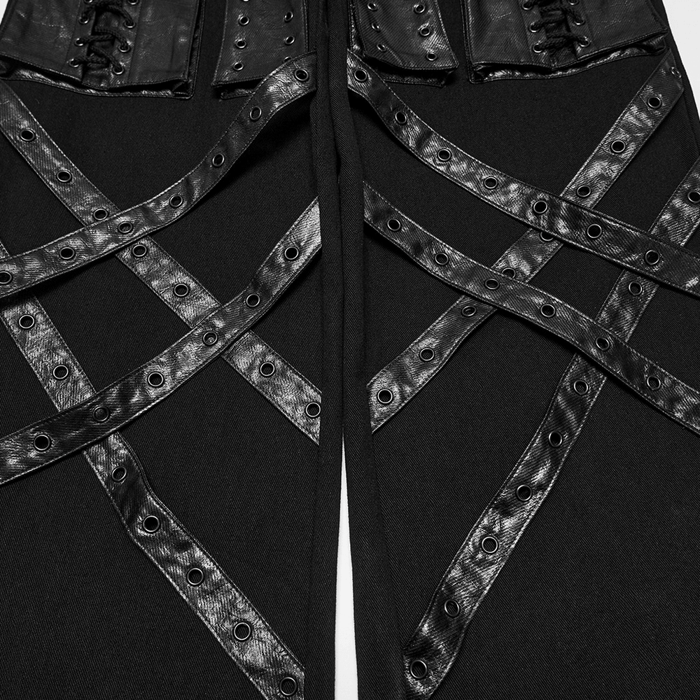 Black Punk Wide-Leg Cargo Pants with Harness Straps