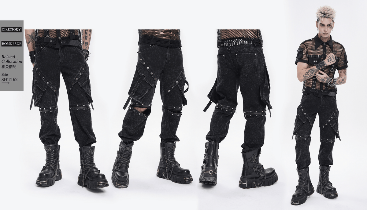 Black Punk Zip-Off Pants with Studded Grommets