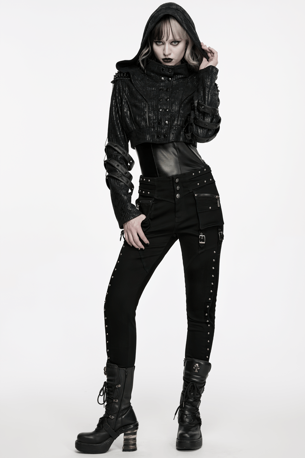 Black Ribbed Punk Jacket with Hood and Leather Cuffs