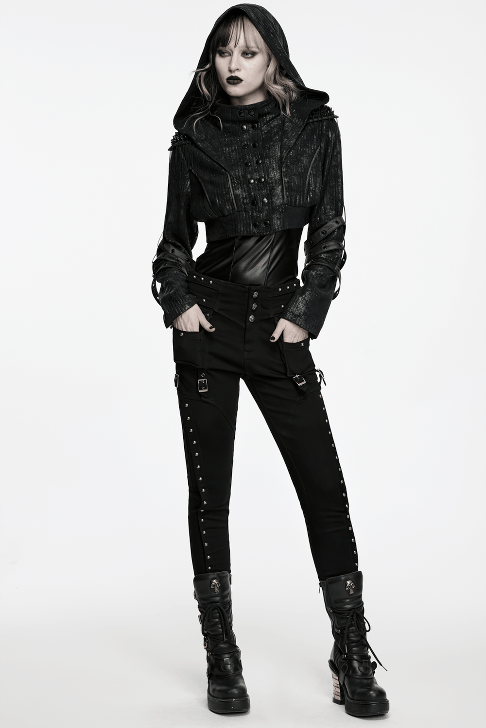 Black Ribbed Punk Jacket with Hood and Leather Cuffs