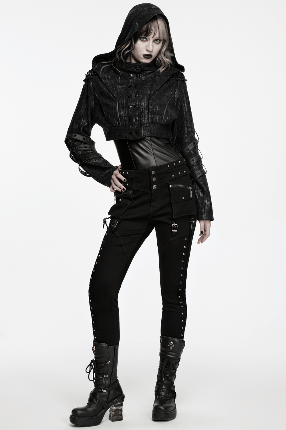 Black Ribbed Punk Jacket with Hood and Leather Cuffs