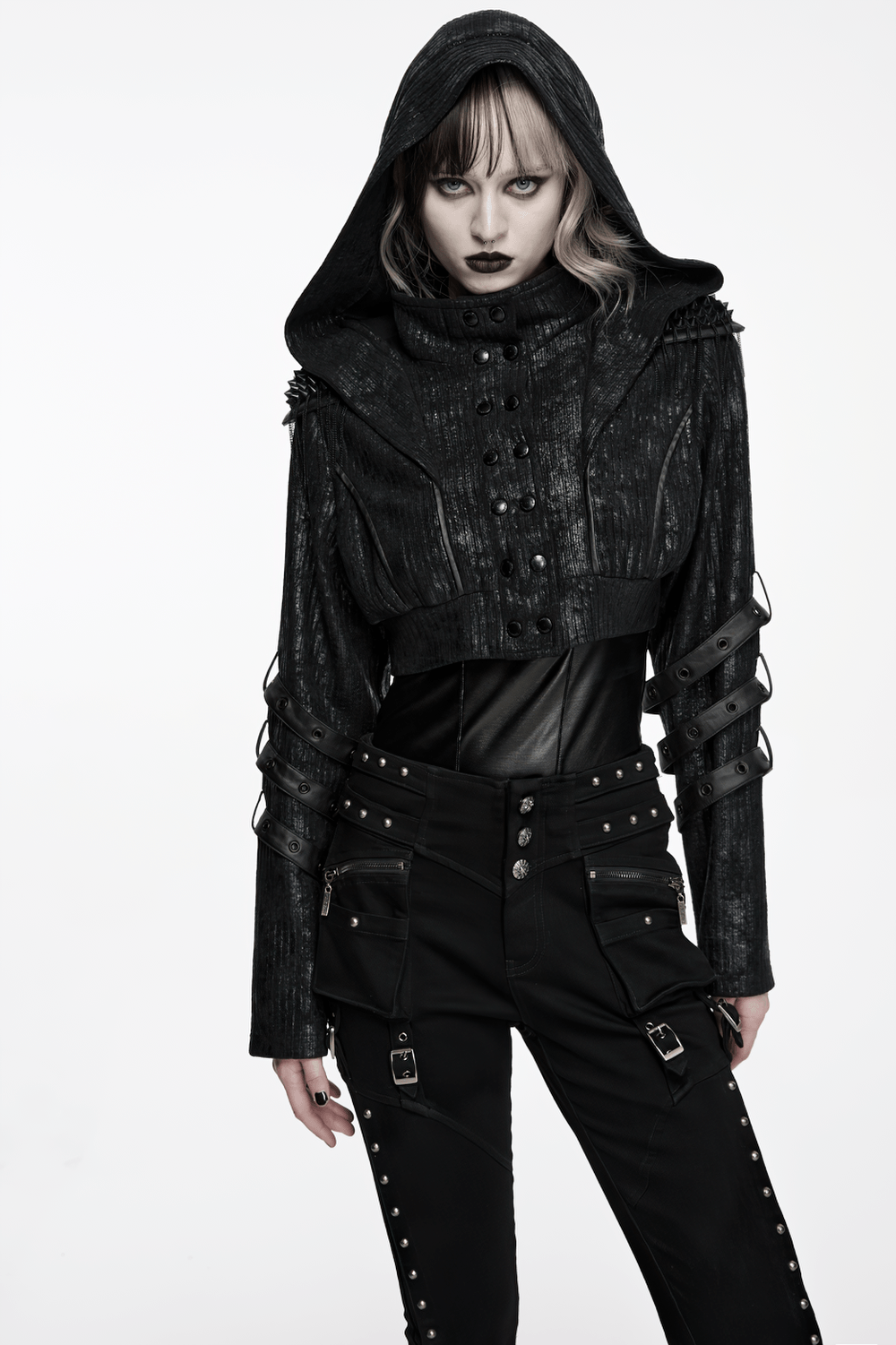 Black Ribbed Punk Jacket with Hood and Leather Cuffs
